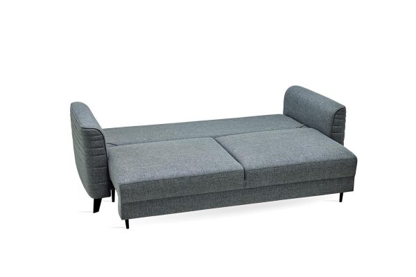 Stylish Grace three-seater sofa bed with walnut polymer legs and decorative cushions