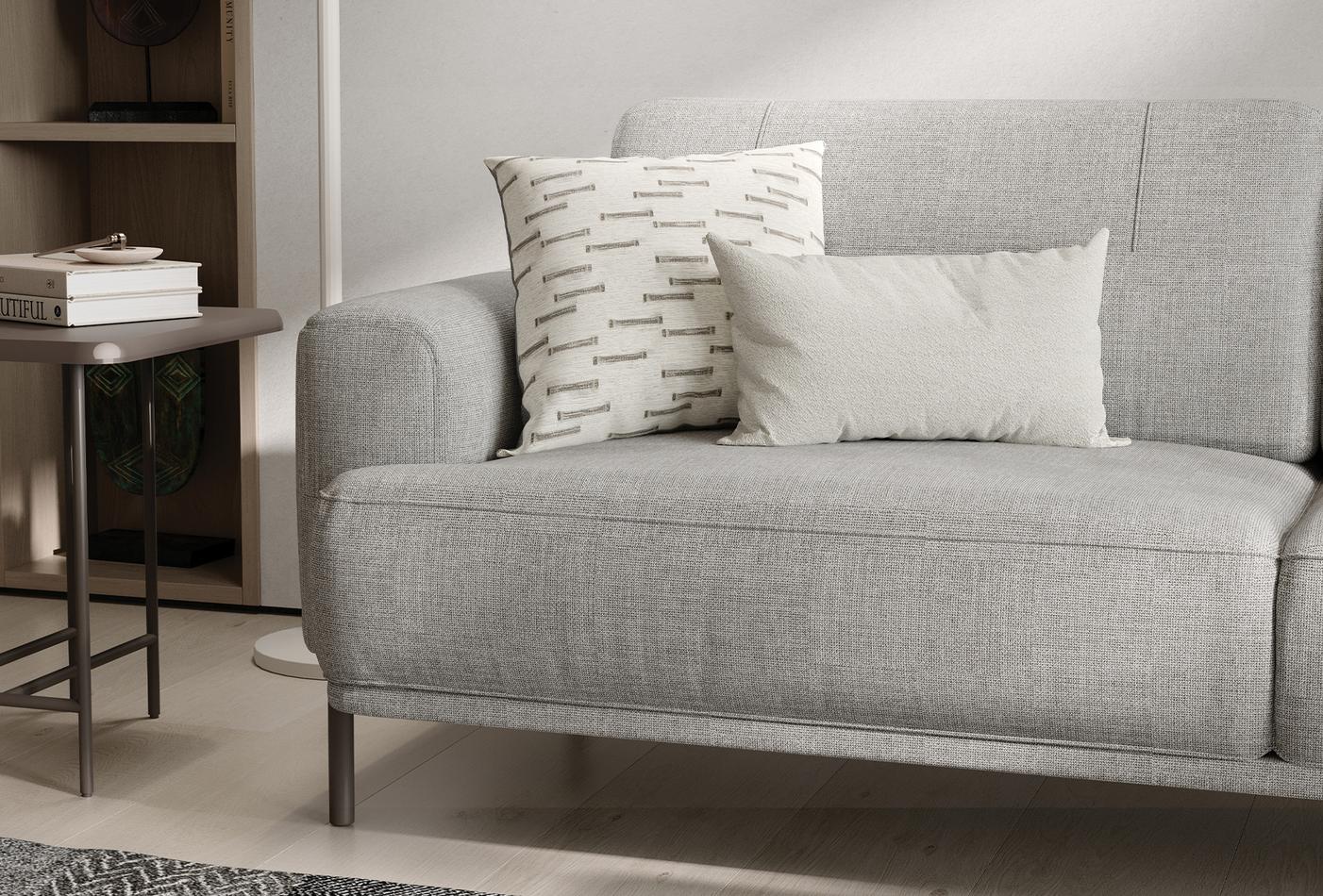 Varena light grey woven sofa bed with plush feather-filled backrest for comfort