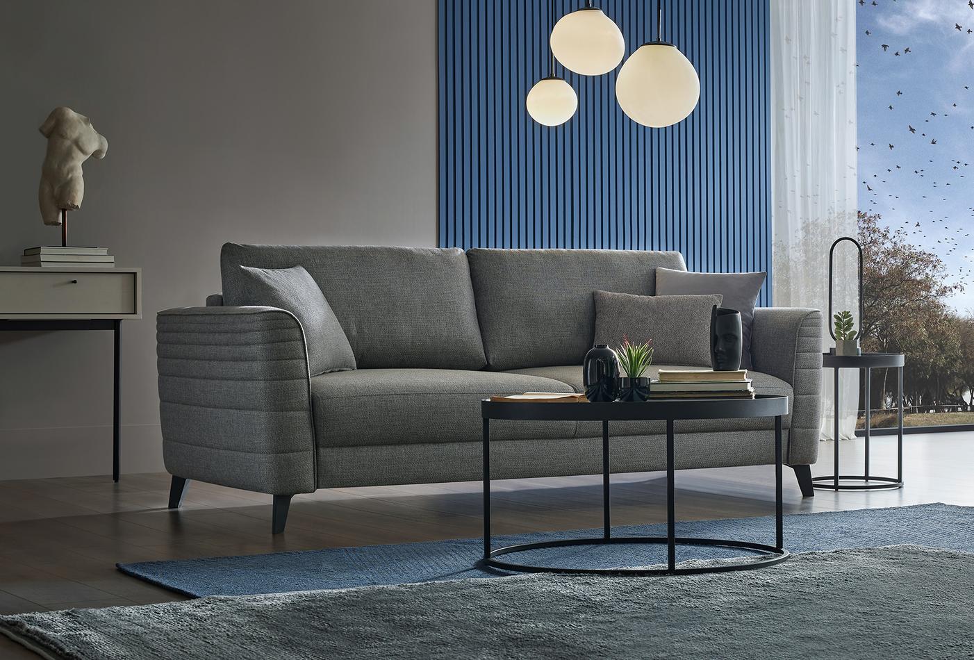Grace Blue Linen 3-Seater Sofa Bed with Storage | Modern Sofa Bed Dubai | Enza Home UAE - Image 2