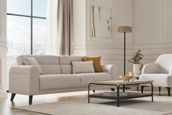 Paloma Cream 3-Seater Sofa Bed with Pull-Out Mechanism & Storage | Modern Sofa Dubai | Enza Home UAE