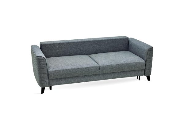 Grace blue linen sofa bed showcasing spacious seating and decorative cushions