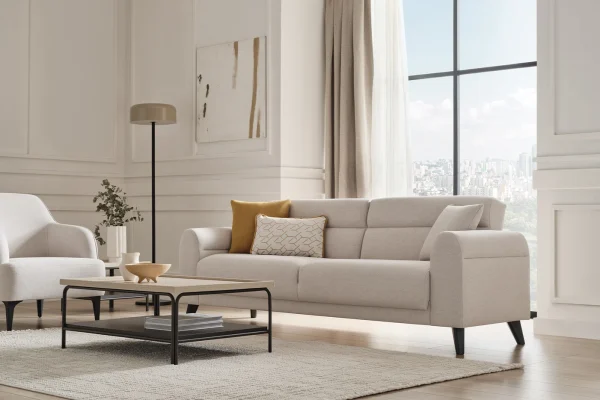 Paloma Cream 3-Seater Sofa Bed with Pull-Out Mechanism & Storage | Modern Sofa Dubai | Enza Home UAE