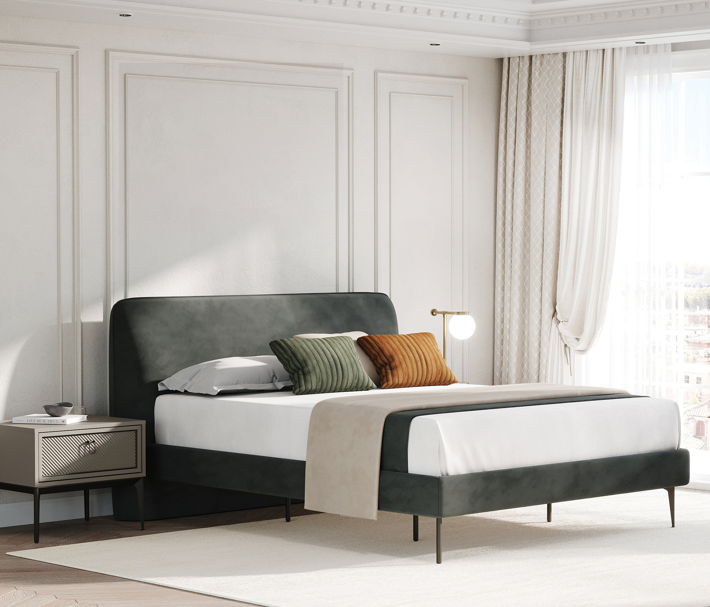 Hera Bedframe with Headboard, (160x200 cm), Velvet Textured, 15009 Green - Image 2