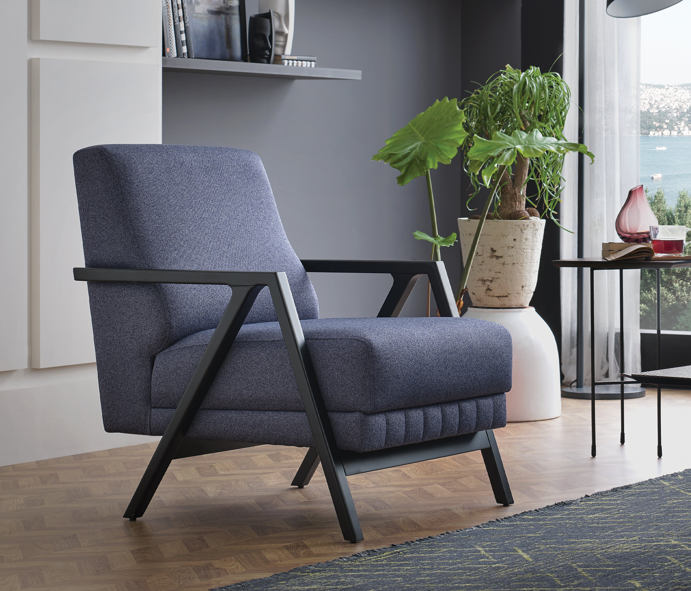 Pavia Armchair, Velvet Textured, 11802 Navy Blue - Image 2