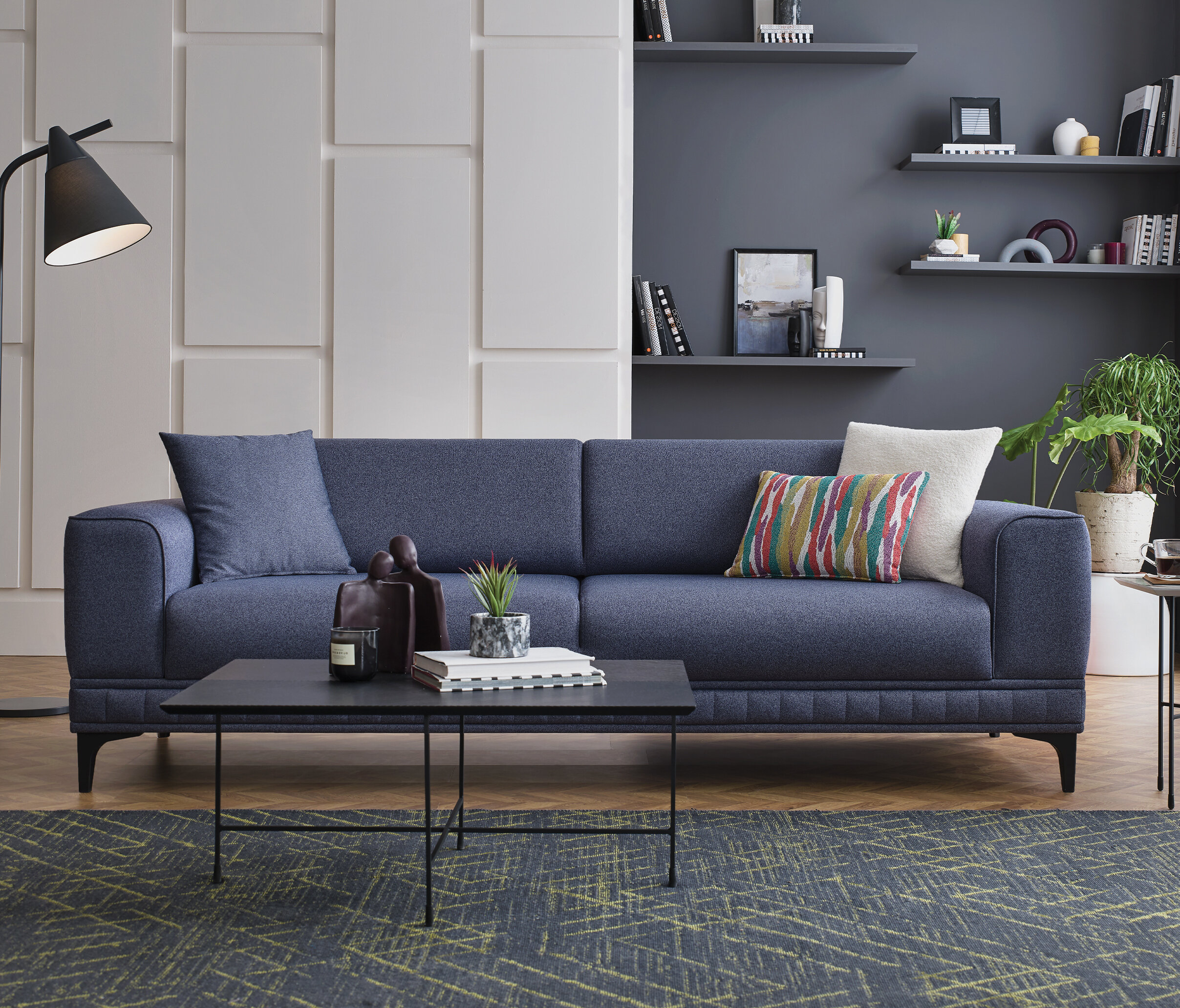 Pavia 3 Seater Sofa Bed, Velvet Textured, 11802 Navy Blue - Image 2