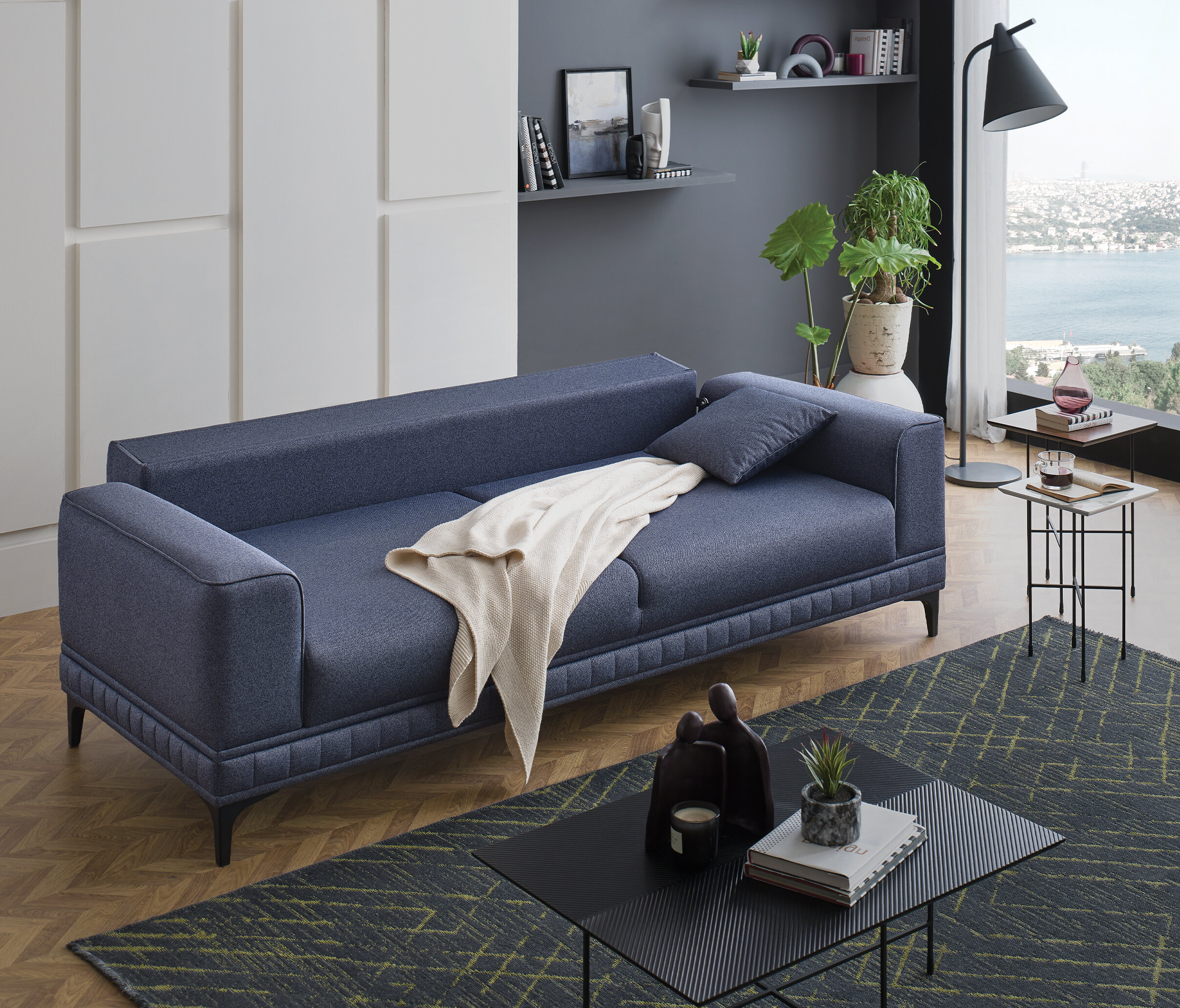 Pavia 3 Seater Sofa Bed, Velvet Textured, 11802 Navy Blue - Image 4